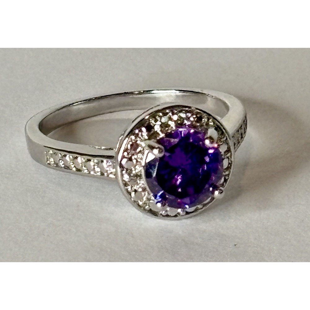 Purple Glass Halo Ring Silver Tone Round Cut Sparkle Cocktail Size 8